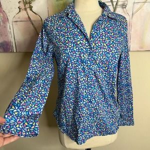 TALBOTS top size MP blue pink bird print button up shirt medium petite
